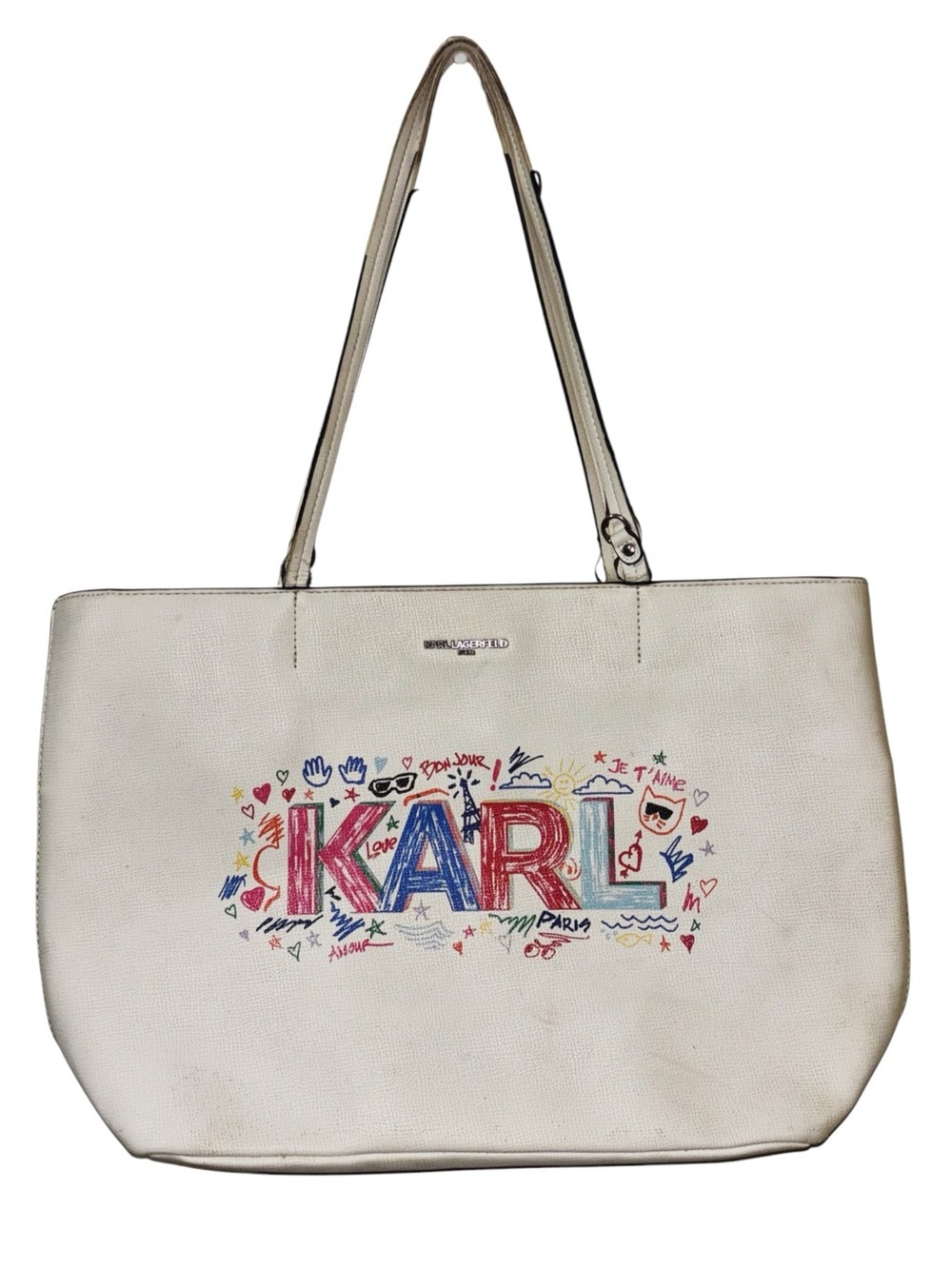 Karl Lagerfeld White Canvas Tote with Multicolor Logo Art